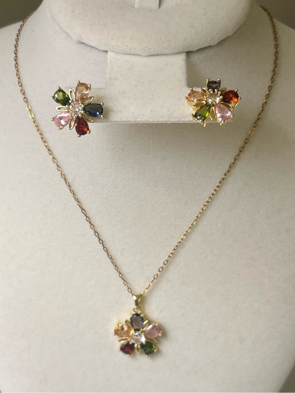 Stainless Steel Multicolor CZ Floral Necklace & Earrings Set
